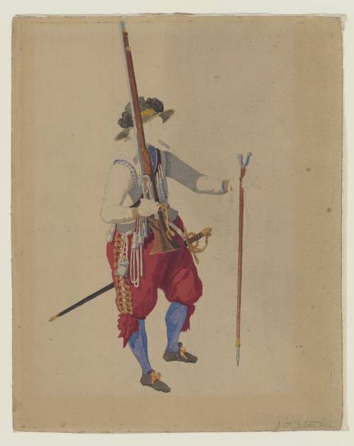 Photograph of the work of art: A Dutch Musketeer, after an engraving in Jacob de Gheyn's, Wapenhandelinghe (The Exercise of Armes), The Hague, 1608. Called 'A Spanish Arquebusier'