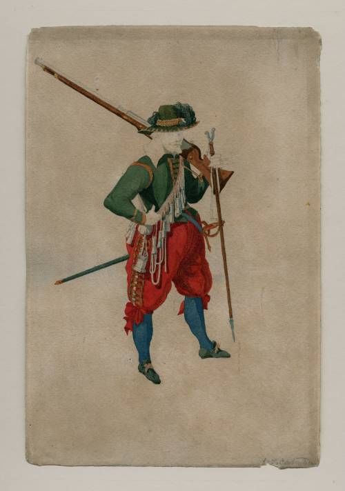 Photograph of the work of art: A Dutch Musketeer, after an engraving in Jacob de Gheyn's, Wapenhandelinghe, The Hague, 1607. Called 'A Spanish Arquebusier'